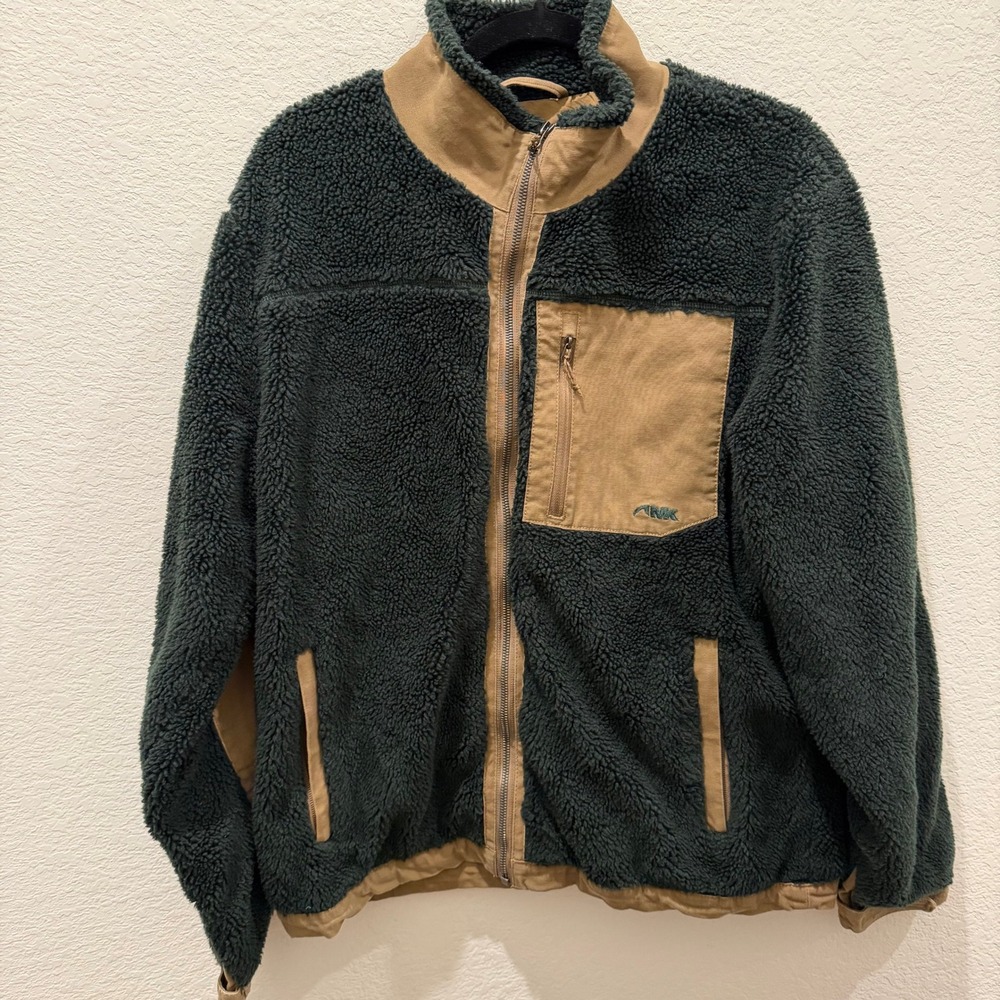 Mountain Khakis Mens Sherpa Fleece Full Zip Jacket Green Tan Canvas Trim Medium
